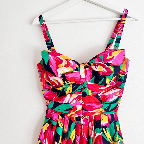 vintage 80s 90s tulip print midi dress bow detail floral pattern XS S - Picture 3 of 5